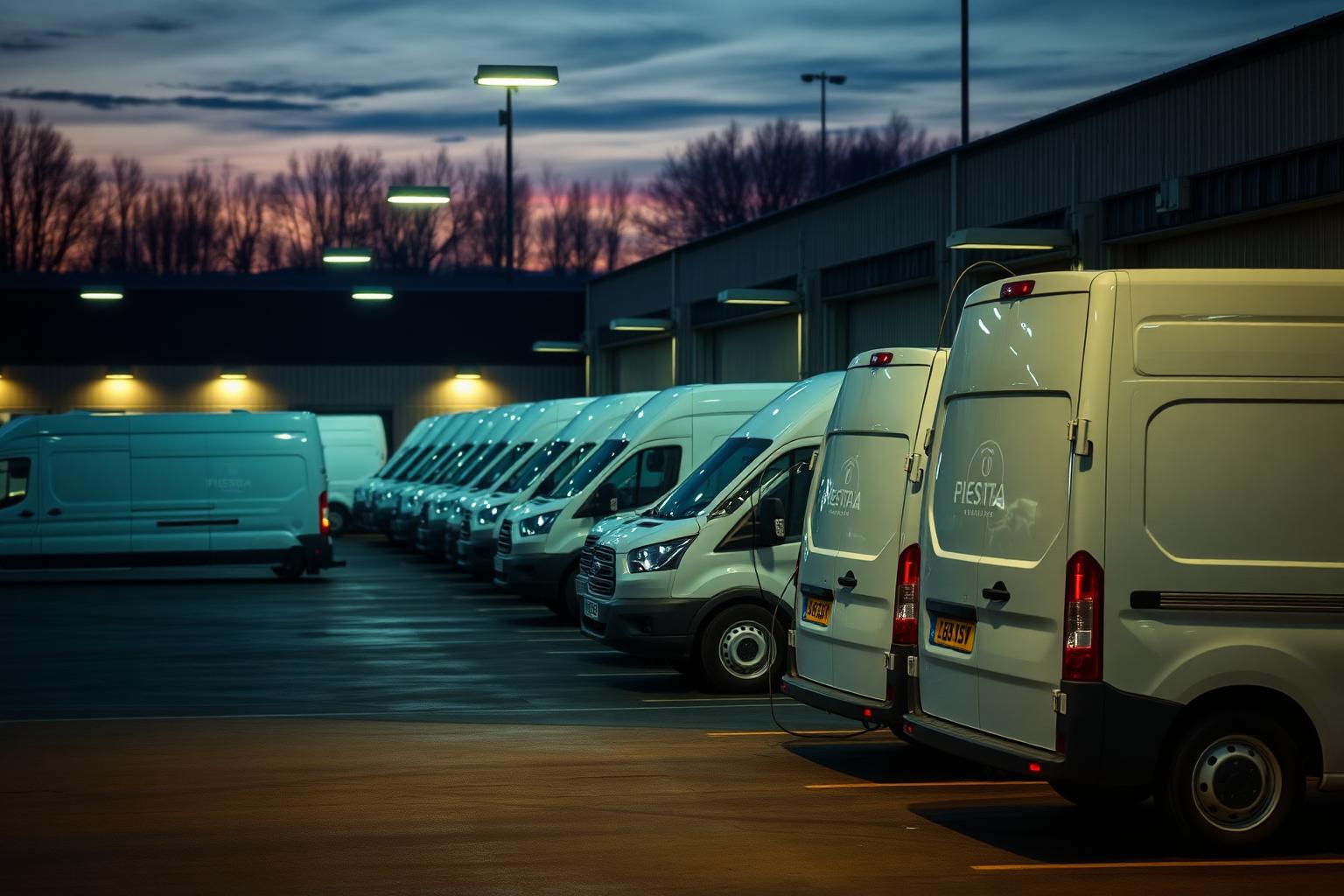 Electric vans charging at a UK fleet depot overnight