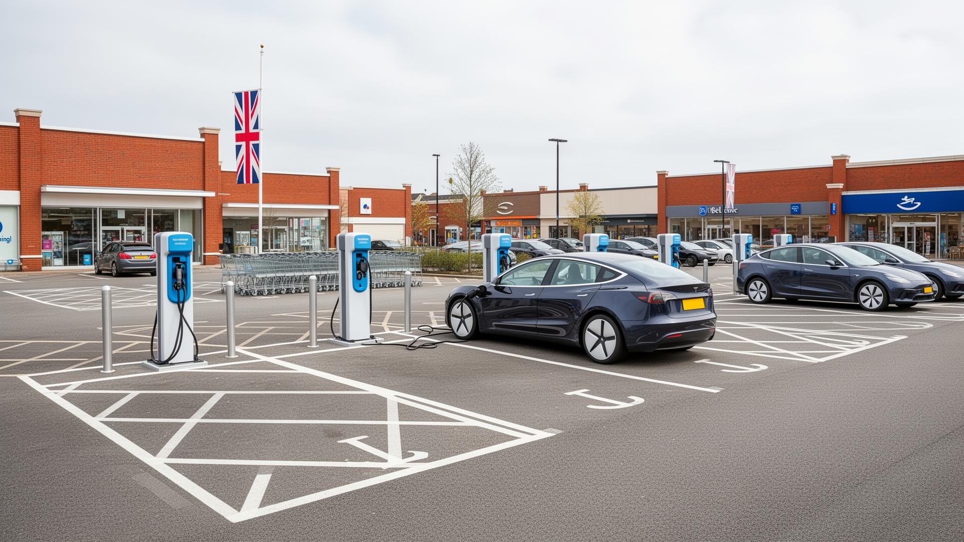EV chargers in a UK retail park car park